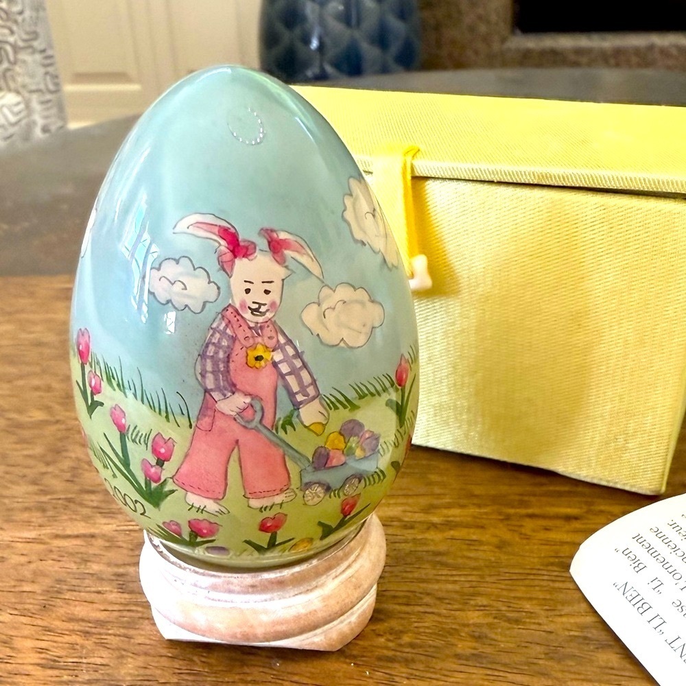 Reverse handpainted glass Decorative Easter Egg with Bunny Design
